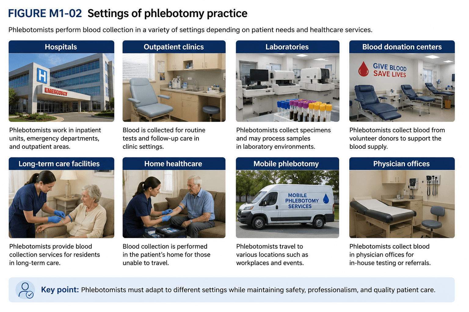 Four-panel composite showing a hospital ward draw, an outpatient clinic phlebotomy chair, a blood donor centre, and a mobile health unit setup.