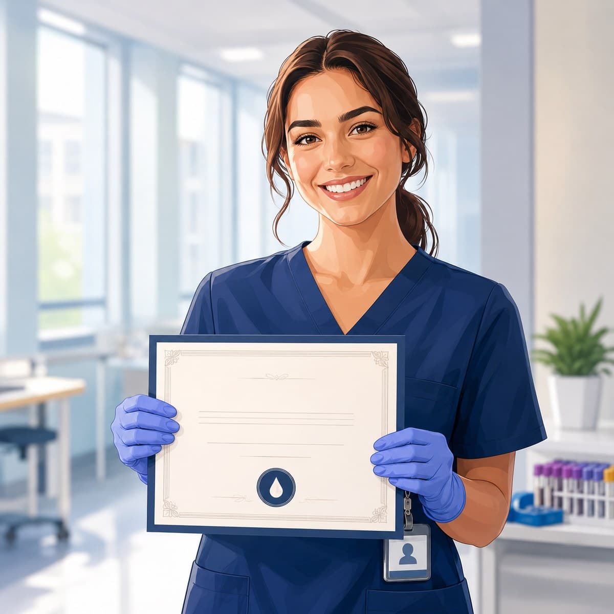 A phlebotomy student in scrubs holding a course-completion certificate.