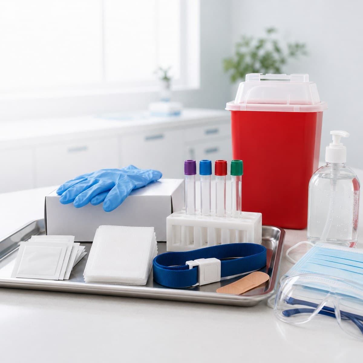 A clinical tray of phlebotomy supplies: evacuated tubes with colour-coded caps, tourniquet, gloves, gauze, alcohol wipes, sharps container, hand sanitiser, mask and safety goggles.