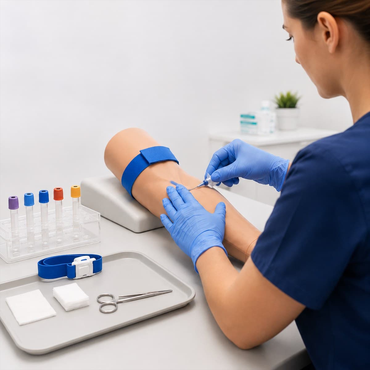 A phlebotomist in scrubs performing venepuncture: tourniquet in place, gloved hands inserting a needle into the antecubital fossa, evacuated tubes on the tray.